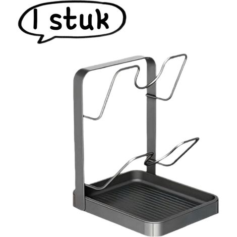 Support de rangement pour couvercles de casseroles et planches à découper à plusieurs niveaux avec égouttoir pour spatules couleur grise (1/5)