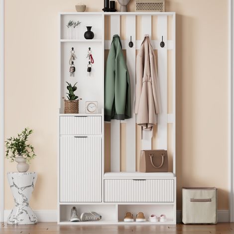 Flurgarderobe 6-in-1, Garderobe mit Schuhschrank und Sitzbank, mit Schubladen und Schrankfach, 100 × 30 × 180 cm, Weiß (1/5)