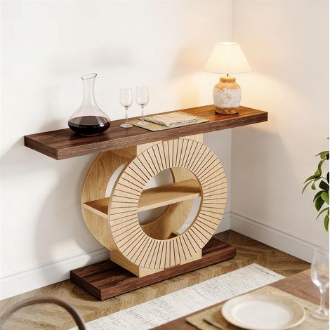 Table console marron en bois style campagne avec base ronde et étagères de rangement (1/5)