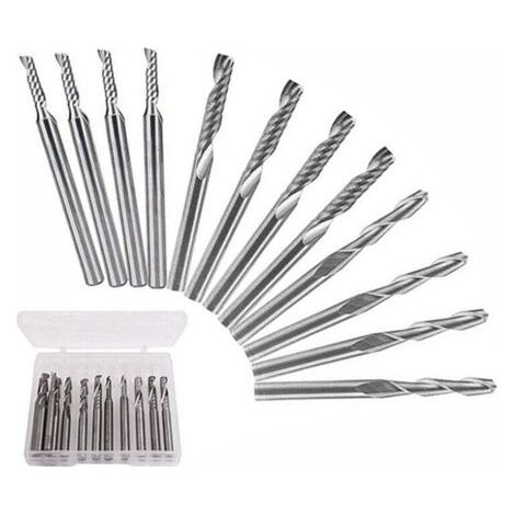 Set mit 12 Hartmetall-Fräsern, 4 Doppelschneider 3,2 mm (1/8") + 8 Einzelschneider (2 Typen) für Nylon, Harz, ABS, Acryl, PVC, MDF und Hartholz