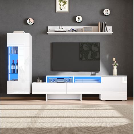 Mueble TV de 3 piezas con LED, blanco brillo, para TV de hasta 70 pulgadas OKMYHOME (1/5)