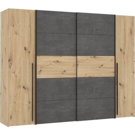 Armoire en chêne artisan et béton gris – 2 portes battantes et 2 portes coulissantes – Dimensions L 270,3 x P 61,2 x H 210 cm (1/5)