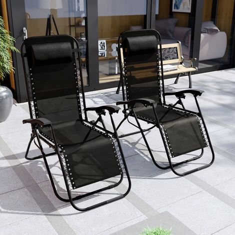 2x Chaise Zero Gravity Relax Extérieure Reclinable Transat de Jardin Portable H 111 x L 65 x P 90 cm, Noir (1/4)