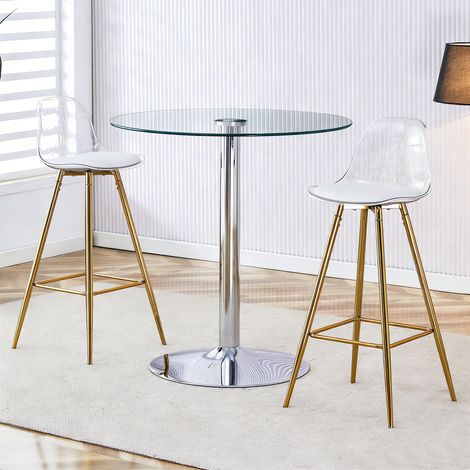 Ensemble de salon modulable : table ronde en verre trempé de 89 cm + 2 chaises hautes à structure dorée. Style transparent, usage polyvalent, gagnez de l’espace visuel et optimisez votre intérieur. (1/5)