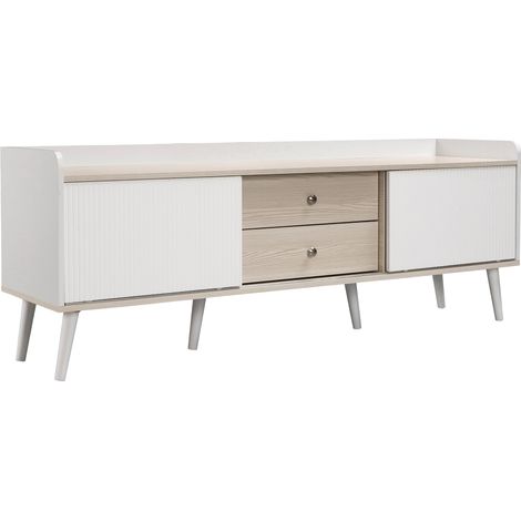 Mueble de TV con 2 Puertas Correderas y 2 Cajones, Estilo Moderno, Salón, en Tablero de Partículas, 160×40×58 cm, Blanco (1/5)