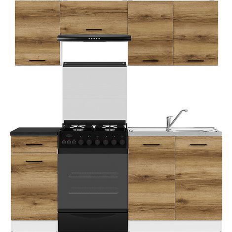 Pegane – Cuisine complète 180 cm – Ensemble de meubles de cuisine chêne delano/blanc – Armoires basses et hautes – Plan de travail noir inclus (1/4)