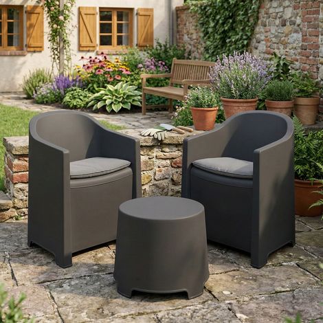 Dmora - Outdoor-Lounge-Set Milazzo, Gartenkomposition mit 2 Sesseln und 1 Couchtisch, Lounge für drinnen und draußen mit Kissen, 100 % Made in Italy, Anthrazit, mit verstärkter Verpackung (1/3)