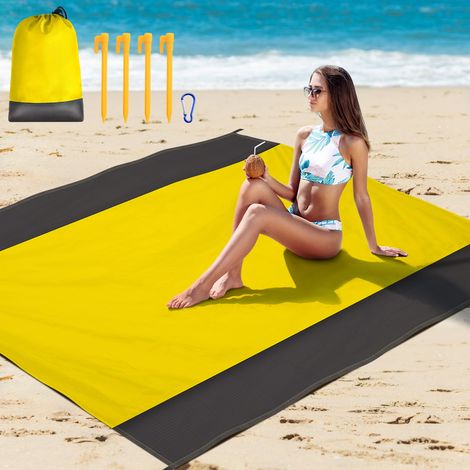 Tapis de Plage 140 x 200cm Anti Sable, Couverture de Plage Large Imperméable Compact Natte de Plage pour Plage, Camping, Picnic, Voyage (Jaune) (1/5)