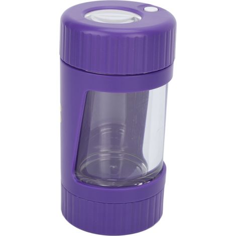 Pot de rangement en plastique de 110 ml avec broyeur à herbes intégré et loupe 8x grâce à des lumières LED violettes pour le tabac. (1/5)