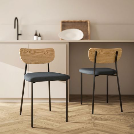 Ensemble de 2 chaises de salle à manger avec pieds en acier, dossier incurvé et assise rembourrée, effet bois gris et naturel (1/5)