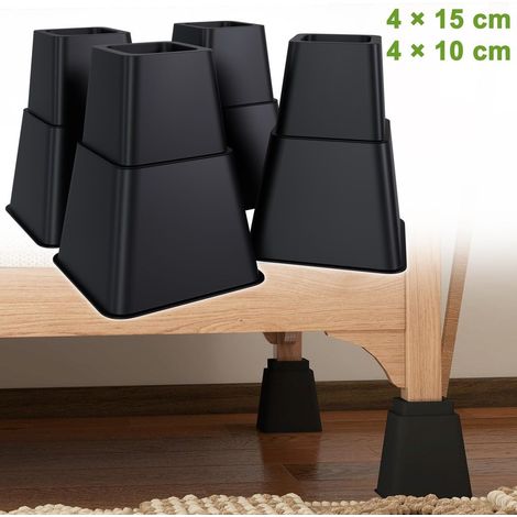 Tappetini rialzanti per mobili, set da 8 pezzi quadrati (4x15 cm e 4x10 cm), impilabili, antiscivolo, portata fino a 2000 kg, colore nero. (1/4)