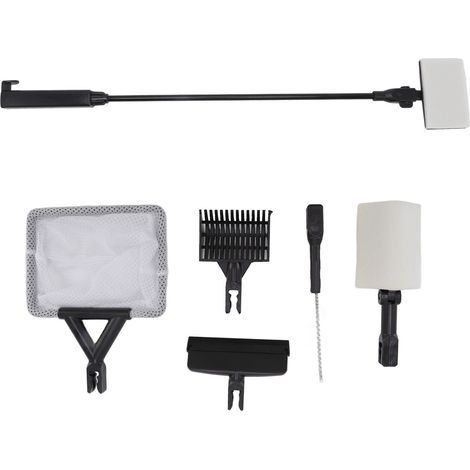 Kit de nettoyage d'aquarium 6 en 1 comprenant : grattoir à algues, pelle plate, brosse, épuisette et éponge de nettoyage plate à angle droit (1/5)