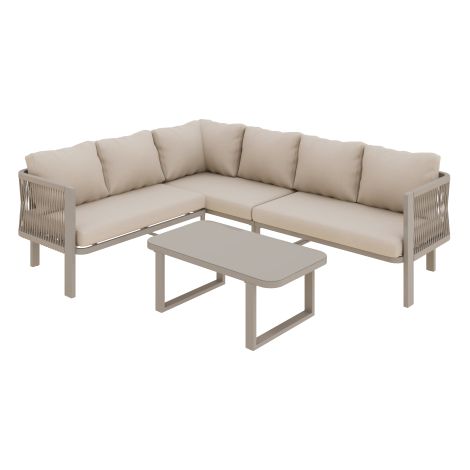 Gartenmöbel Set 6 Personen, Ecksofa Garten mit Tisch, Gartenmöbel Set Metall mit Glas, Outdoor Lounge Set Khaki 225 x 175 x 77 cm