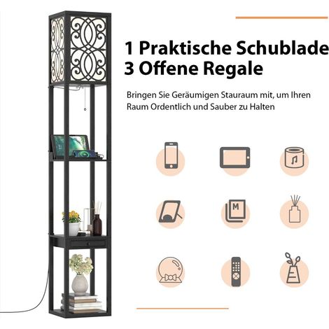 Lampadaire blanc en MDF avec prise secteur, 2 ports USB, tiroir et 3 étagères, interrupteur à chaînette pour salon et chambre (1/5)