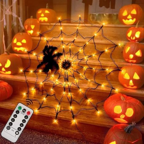 Guirlande lumineuse toile d'araignée pour Halloween, 1 m de diamètre, avec 70 LED araignées orange et noires, 8 modes d'éclairage, lanterne décorative pour fêtes (1/4)