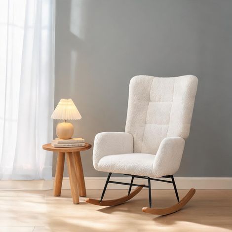 Fauteuil à bascule en tissu peluche blanc crème 94 x 70 x 100 cm (1/5)