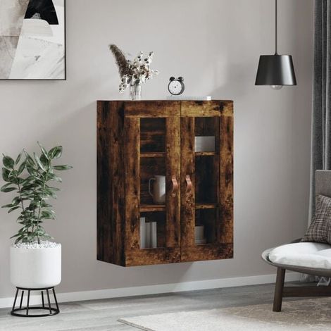 Étagère Murale de Rangement en Chêne Fumé, 69,5 x 34 x 90 cm, Meuble Mural de Stockage avec Portes, Armoire Suspendue pour Salon, Cuisine ou Salle de Bain (1/5)
