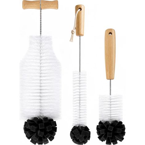 Bottle Brush Set of 3, Flexible Brush with Long Handle and 90 Degree Angled Wooden Handle, Cleans Narrow Neck Bottles, Ideal for Glass, Plastic Bottles (1/5)