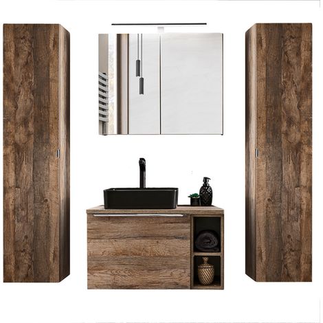 Badmöbel Set in Vintage Oak Eiche PUEBLA-56 80cm Waschtischunterschrank mit 2 Keramik-Waschbecken, LED-Spiegelschrank & 2 Hochschränke B/H/T 190/200/46 cm (1/5)