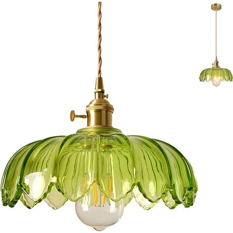 Suspension en Verre Lotus Abat-Jour, Industriel Vintage E27 Plafonnier en Laiton, Hauteur réglable Lampe Suspendue Design pour Cuisine (Vert) (1/5)