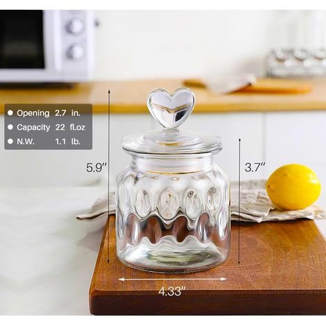 Ensemble de 2 bocaux de rangement en verre transparent en forme de cœur JeiibrZui - 650 ml - Verre transparent avec fermeture hermétique - Idéal pour conserver bonbons, biscuits et grains de café dans (1/5)
