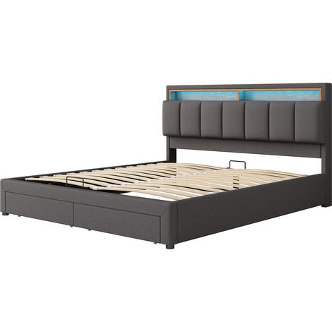 Polsterbett mit LED und Stauraum 180 x 200 cm Grau, Stahlrahmen mit Lattenrost (1/5)