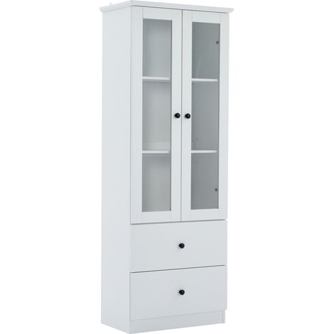 Matte weiße LED-Vitrine 165 cm mit Glastüren, 2 Schubladen und verstellbaren Böden (1/5)