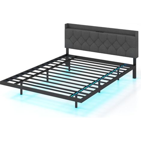 GOPLUS Cadre de Lit Design Flottant, Lit Plateforme Double King avec Lumières LED RVB, Lit îlot Moderne avec Tête Rembourrée Réglable et Station de Chargement, Charge 300KG (140x200CM-King,Gris) (1/2)