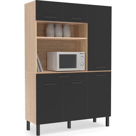 Aparador de cocina CINA con columna de 120 cm, 6 puertas + cajón, acabado haya y negro (1/5)