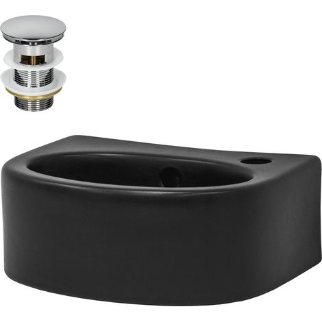 ML-Design Lavabo de Cerámica Negro Mate 33,5x25,5x13cm Fregadero con Juego de Desagüe Cromado Ovalado para Pared o Sobre Encimera Diseño Moderno Lavamanos Baño con Rebosadero y Agujero para Grifo