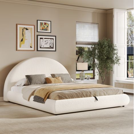 Lit coffre 180x200 cm bouclé blanc, rangement hydraulique pour chambre, sans matelas – MEUBLIV (1/5)