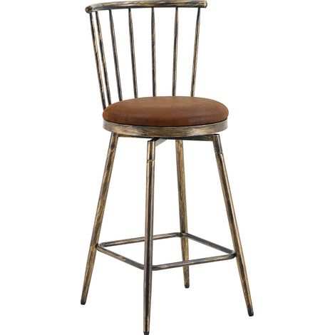 Tabouret de bar industriel en tissu marron avec dossier Windsor, assise rembourrée et repose-pieds métal, pour cuisine et comptoir – CHICFURN (1/5)
