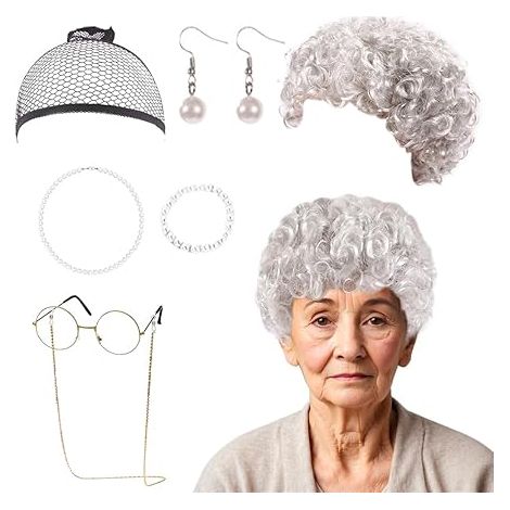 Perücke Oma Locken Set, 7 Pcs Silber Graue Perücke, Brille mit Kette Perlenkette Ohrringe Armband Perückenmütze (1/5)