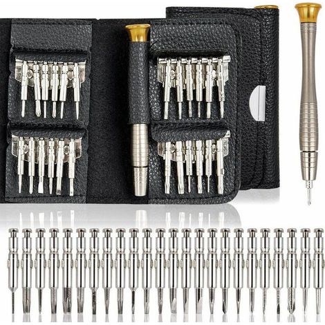 Jeu De 25 Tournevis Pour Pc, Lunettes, Téléphone Portable, Montre, Appareil Photo Numérique, Kits D'Outils De Réparation De Tournevis De Précision Avec Sac En Cuir Noir (1/5)