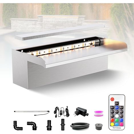 Kit de Lames de Cascade de Bassin de 30 cm, Cascade en Acier Inoxydable 304, Fontaine de Piscine extérieure avec lumières LED 7 Couleurs et télécommande, Largeur 15 cm (1/5)