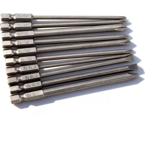 Kit de 10 Embouts de Tournevis Longs Magnétiques S2 Acier 1/4 Tige Hexagonale 100mm Tête Cruciforme PH1 PH2 (1/5)