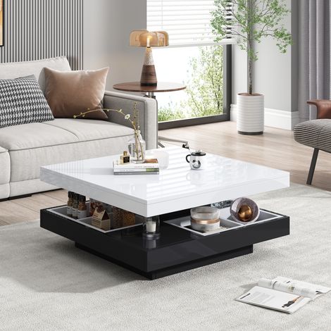 Tkopy - Table basse blanche de noir, table basse salon, table basse pivotante, table basse avec rangement, plateau de table de salon blanc, piètement noir, Dimensions 70 × 70 × 36 cm (1/5)