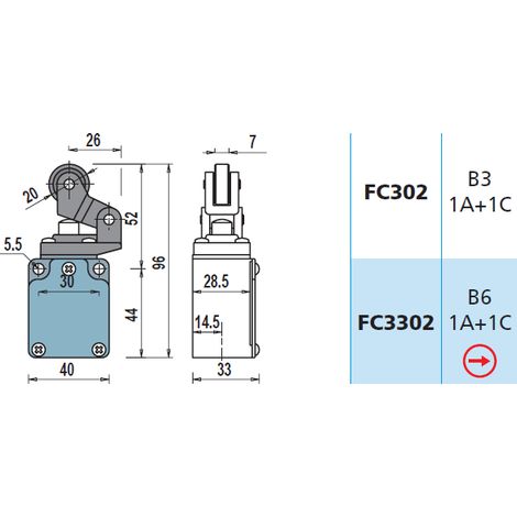 FC3302 1NA + 1NC Interruttore di Posizione a leva con rotella Finecorsa
