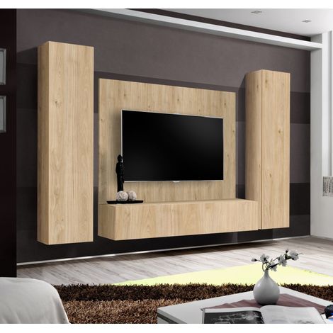Ensemble meuble TV mural Fly A-P1 - Bois MDF chêne Hickory Jackson - 240 x 170 x 40 cm - Livraison gratuite