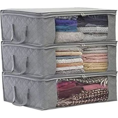 (3 pièces, gris) Sac de rangement pliable pour vêtements, 49 x 36 x 21 cm, sac de rangement sous le lit, tissu non tissé épais imperméable, adapté aux couettes, couvertures, oreillers, vêtements (1/4)