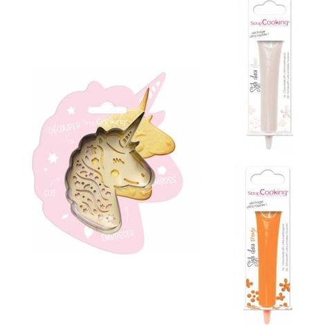 Kit pour biscuit en relief Licorne + 2 Stylos au chocolat blanc et orange