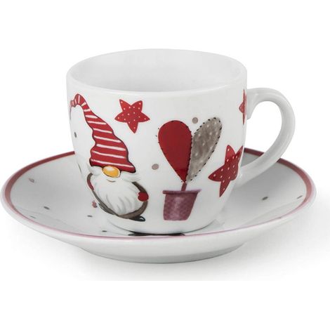 Excelsa Gnomo Set 6 Tazzine Caffè con Piattino, Porcellana, Decoro Natalizio, 90cl (1/4)