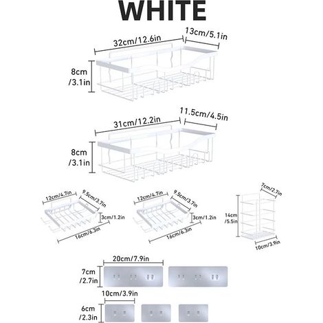 Set di 5 pezzi per riporre oggetti a parete, di colore bianco, con mensole e portasapone, senza bisogno di forare, supporto multifunzionale - ALTRO (1/4)
