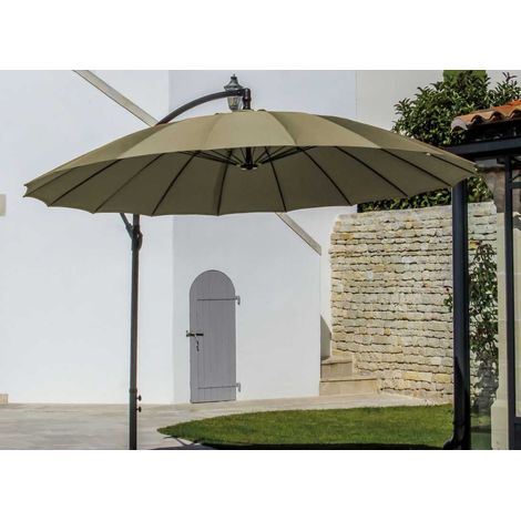 Parasol déporté Pagode 300 cm – Aluminium léger – Toile taupe déperlant – Rotation 360° – Ouverture manivelle – Proloisirs (1/5)