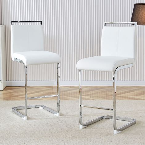 Lot de 2 tabourets de bar scandinaves simili cuir blanc pieds métal argent h.96.5 cm cuisine restaurant (1/5)