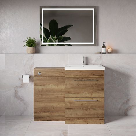 Napoli 390 Tobacco Oak 1100mm 2 Drawer Vanity Unit Toilet Suite with Glide Basin - 1100mm - Chrome 320mm HandleWithout Kingston Toilet Pan