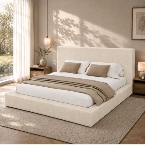 Letto matrimoniale 160/200 cm beige in ciniglia, con rete a doghe e testiera imbottita (1/5)