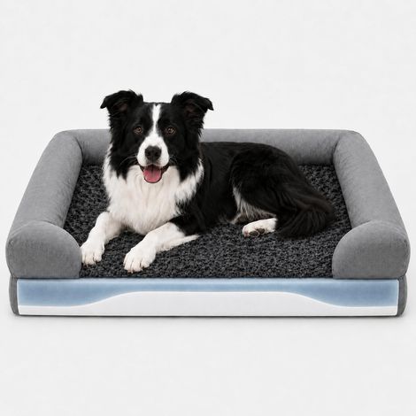 Lit orthopédique pour chien - 90 x 63 x 16 cm - Panier pour chien de taille moyenne - Avec mousse à mémoire de forme et mousse de soutien - Bord ergonomique - Fond antidérapant - Imperméable - Housse (1/5)
