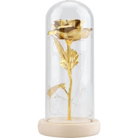 Lumière LED de fleur de rose préservée avec couvercle en verre, base en bois, mariage de la Saint-Valentin, doré (1/5)