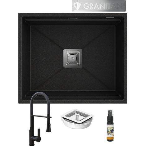 Évier en granit sous-plan Epir 60 noir avec particules dorées + robinet Vegas noir avec douchette + siphon carré chromé (1/5)